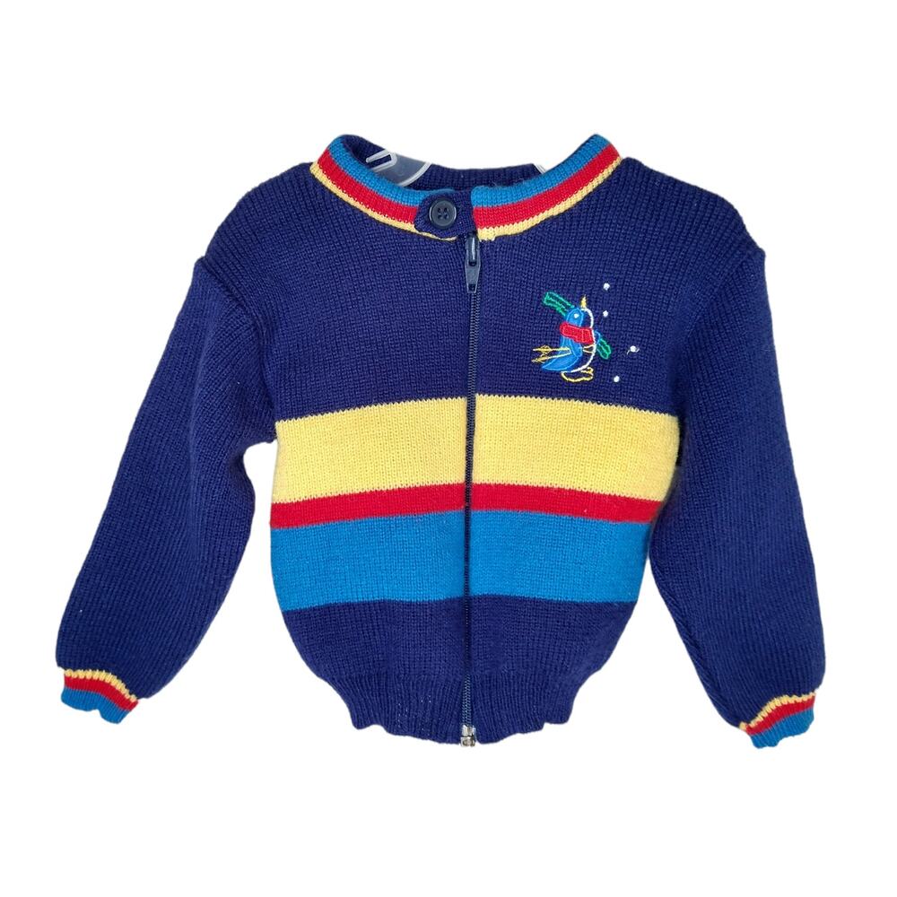 Vintage 80's Blue Baby Sweater size 18 Months Embroidered Penguin Zip up